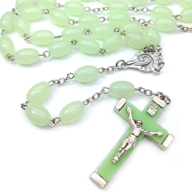 

Luminous Plastic Cross Rosary Necklace Jesus Pendant Long Religious Catholic Jewelry For Men Women