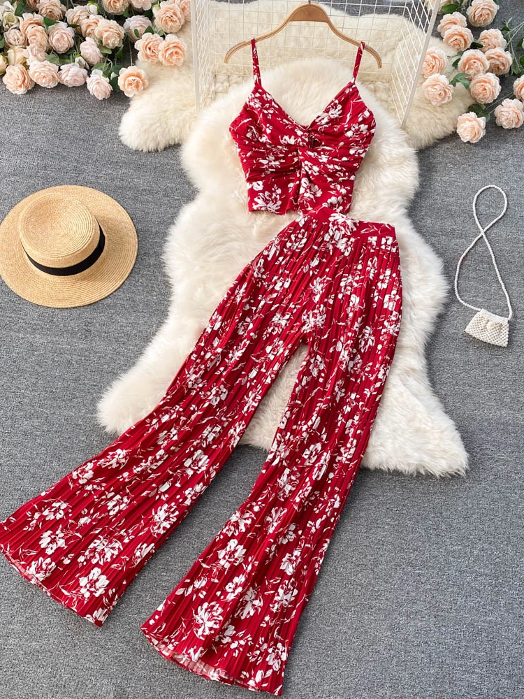 E GIRLS Summer Women Sexy Printed Two Piece Set Beach Female Strap Camis Tops + Draped Wide Leg Pants Black/Red/Blue/Suits
E GIRLS Summer Women Sexy Printed Two Piece Set Beach Female Strap Camis Tops + Draped Wide Leg Pants Black/Red/Blue/Suits