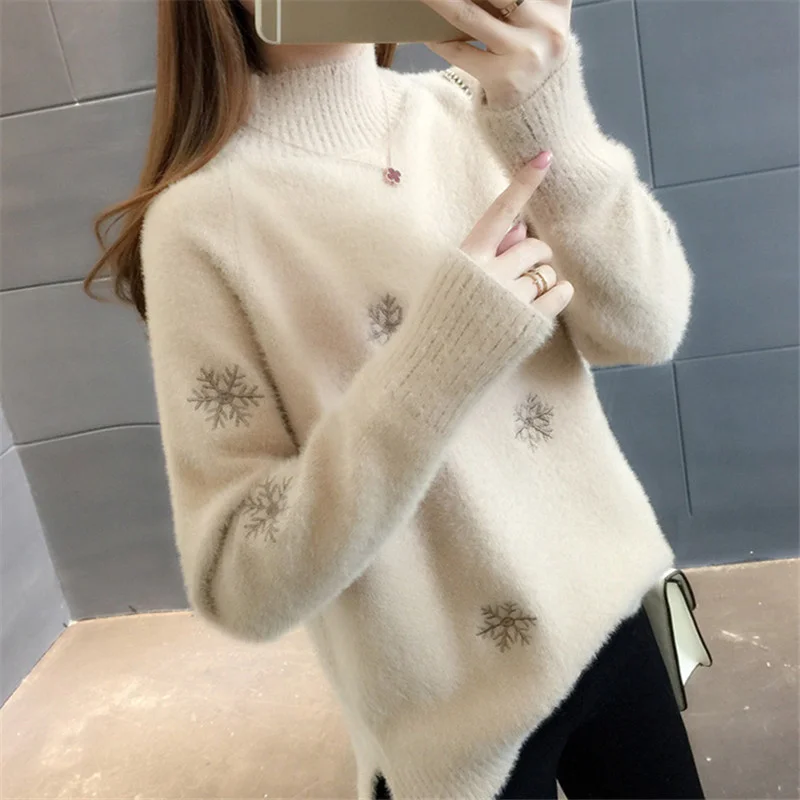 Winter Autumn High Collar Embroidery Sweater Women Pullover Jumpers Ladies Half Turtleneck Faux Mink Cashmere Tops Female
Winter Autumn High Collar Embroidery Sweater Women Pullover Jumpers Ladies Half Turtleneck Faux Mink Cashmere Tops Female