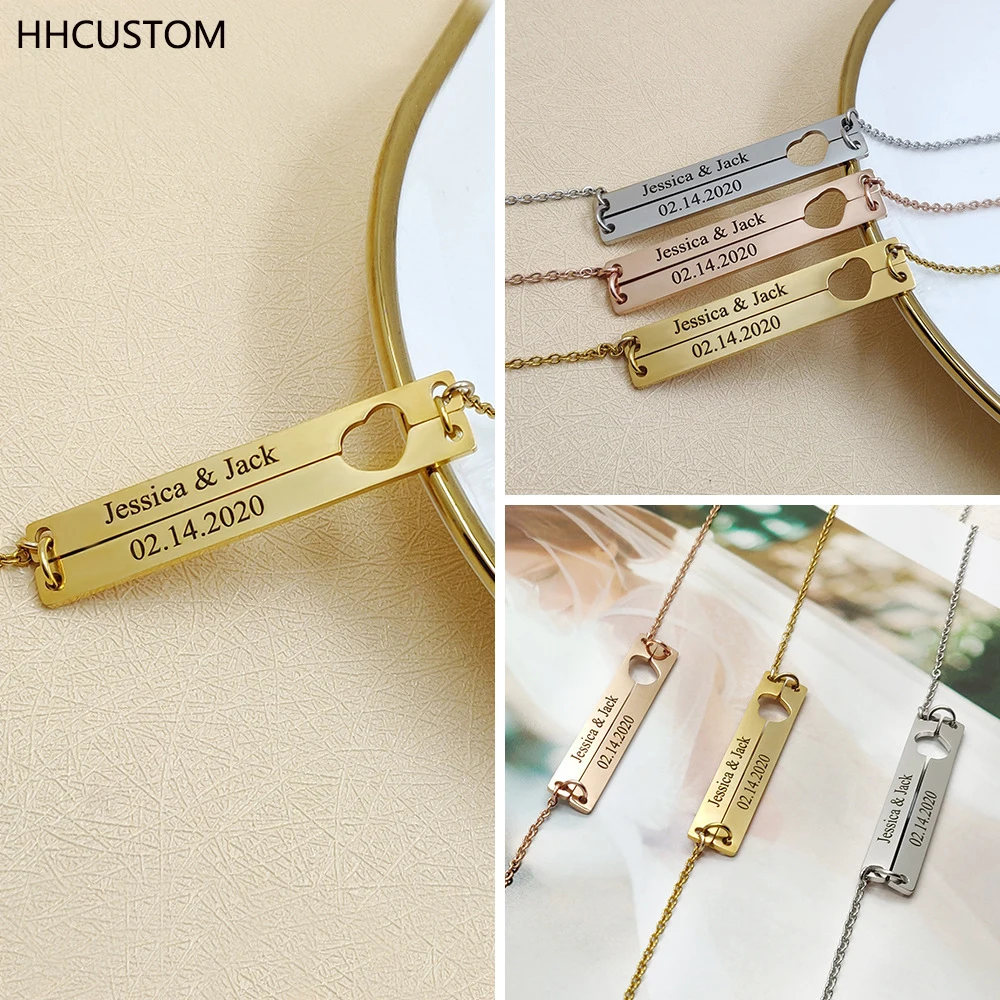 

HHCUSTOM Custom Rectangle Name Necklaces Personality Stainless Steel Heart Splicing Date Nameplate Pendant Choker Couple Jewelry