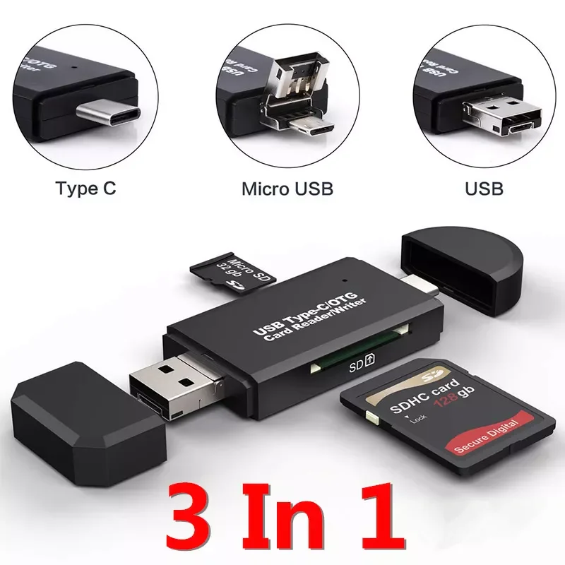 Type C & micro USB & USB 3 In 1 OTG Card Reader High-speed Universal OTG TF/SD for Android Computer Extension Headers Ca
Type C & micro USB & USB 3 In 1 OTG Card Reader High-speed Universal OTG TF/SD for Android Computer Extension Headers Ca