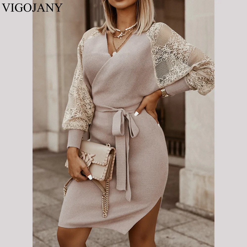 VigoJany Women Khaki Slit Sweater Dress 2022 Autumn Winter Long Sleeve V Neck Mini Dress Female Belt Warm Knitted Bodycon Dress
VigoJany Women Khaki Slit Sweater Dress 2022 Autumn Winter Long Sleeve V Neck Mini Dress Female Belt Warm Knitted Bodycon Dress