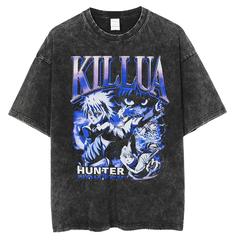 

Vintage Washed Tshirts for Men Hunter X Hunter Hxh Killua Anime Graphic T Shirt Women Harajuku Oversize Tee Cotton Streetwear