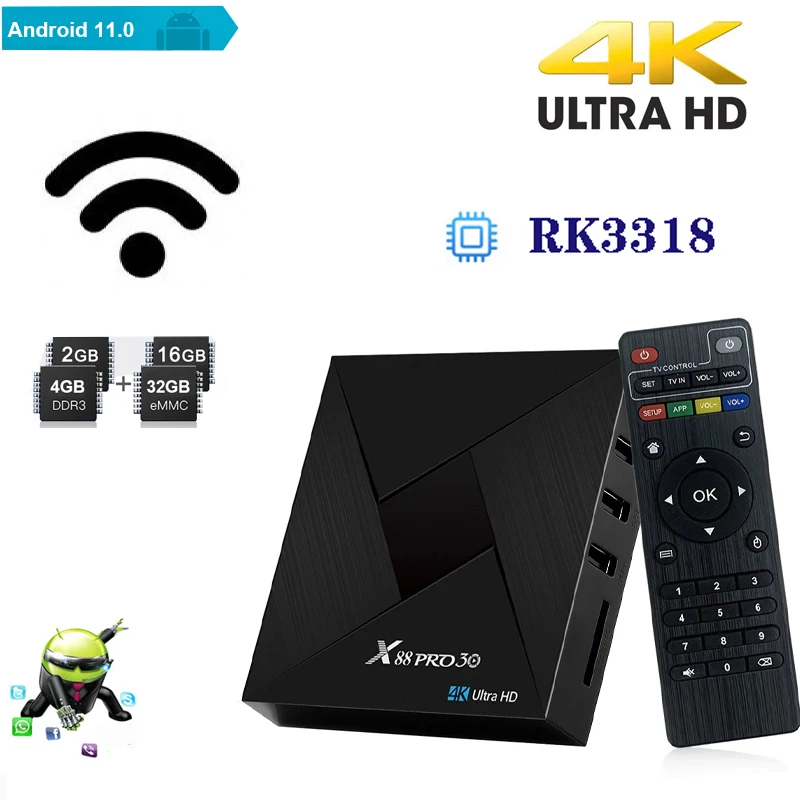 2021 Новая ТВ-приставка HD 4k Android 11 X88 PRO 30 Smart Set-Top Box RK3318 четырехъядерный HDMI-совместимый 2,4G Wifi медиаплеер
2021 Новая ТВ-приставка HD 4k Android 11 X88 PRO 30 Smart Set-Top Box RK3318 четырехъядерный HDMI-совместимый 2,4G Wifi медиаплеер