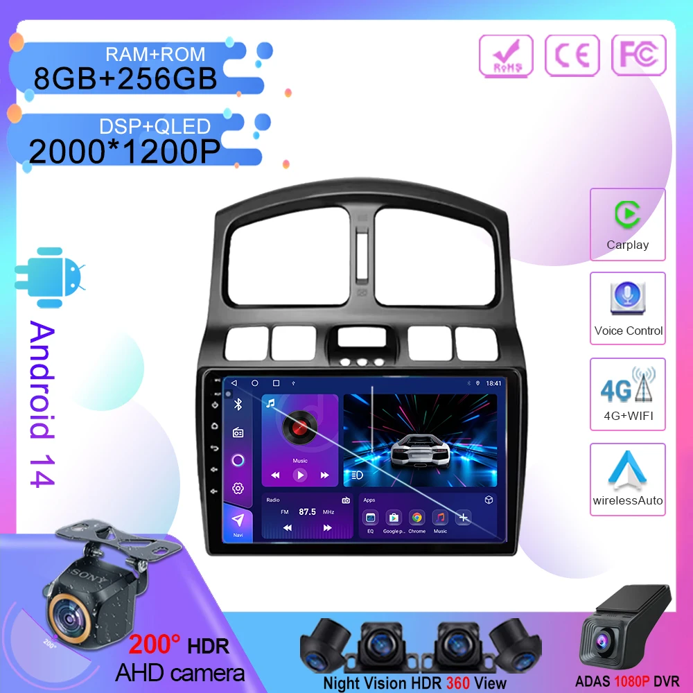 Android 14 навигация GPS Carplay QLED экран для Hyundai Classic Santa Fe 2005 2006-2015 авторадио