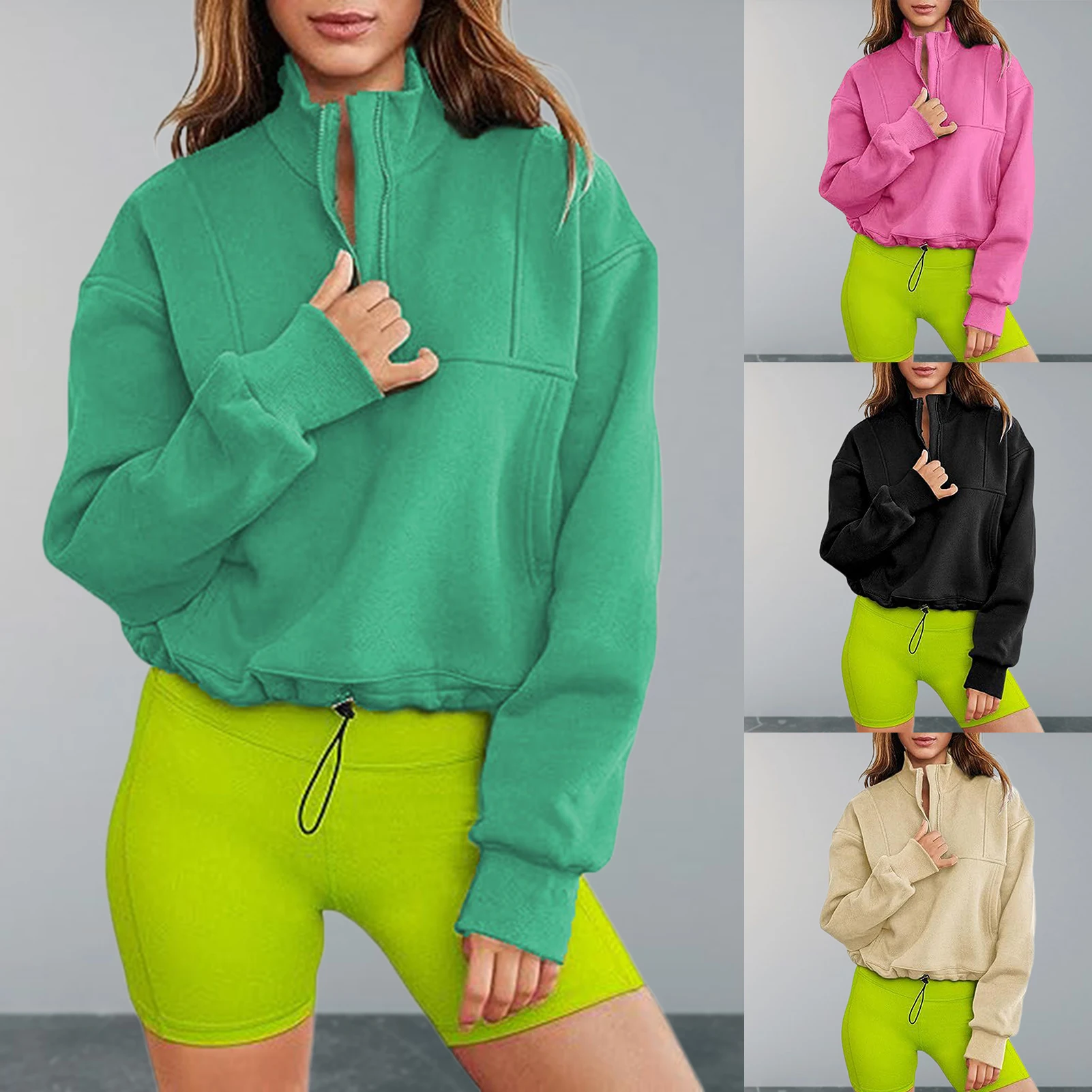 

Women Casual Sweatshirts Half Zip Ladies Long Sleeve Pullover Hem Drawstring Solid Color Loose Fit Cotton Blended Daily Outfit