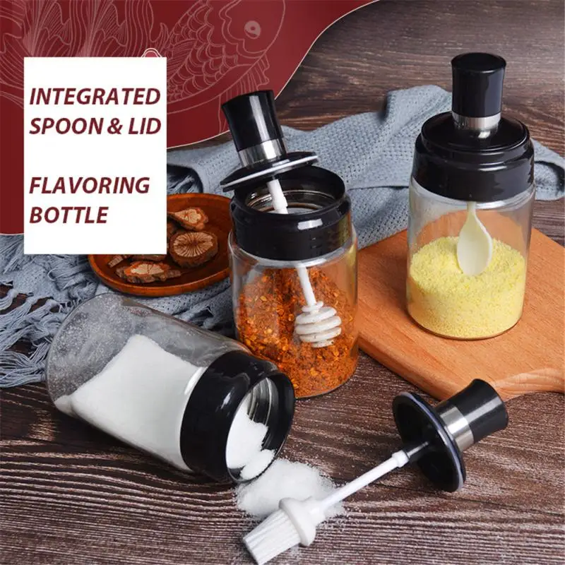 

Seasoning Box With Spoon Spice Jar Glass Integrated Salt Pepper Spice Honey Jars Pots Kitchen Accessories Condiment Container