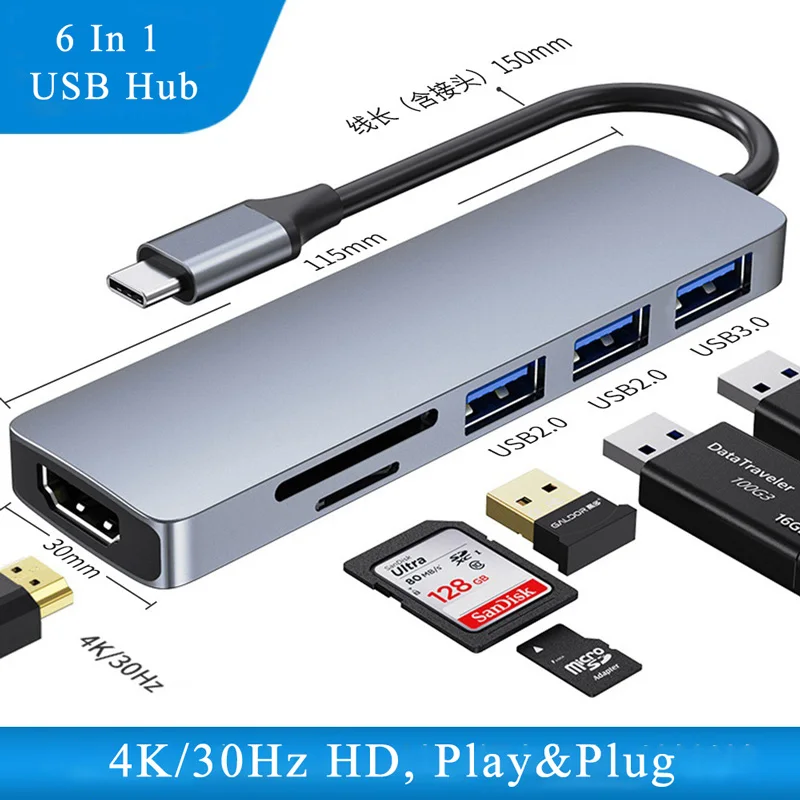 USB C Docking Station Hub 6 In 1 Multiport Splitter Adapter with SD TF Reader For Macbook Pro 13 15 Dell HP Laptop Accessories
USB C Docking Station Hub 6 In 1 Multiport Splitter Adapter with SD TF Reader For Macbook Pro 13 15 Dell HP Laptop Accessories