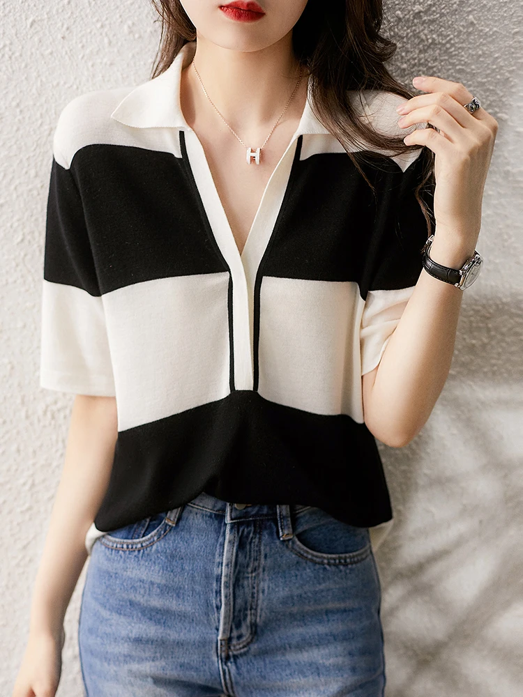 Short Sleeve Tops Women Summer Tshirt Knitted Striped T Shirt Turn-down Collar Womens Clothing 2022 Casual Tees Tee Shirt Femme 
Short Sleeve Tops Women Summer Tshirt Knitted Striped T Shirt Turn-down Collar Womens Clothing 2022 Casual Tees Tee Shirt Femme