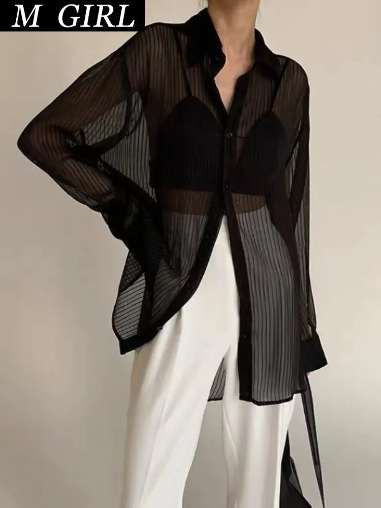 M GIRLS Shirts Women See-through All-match Striped Temperament Retro Sun-proof Summer Clothes Ulzzang Sexy Ladies Streetwear Per
M GIRLS Shirts Women See-through All-match Striped Temperament Retro Sun-proof Summer Clothes Ulzzang Sexy Ladies Streetwear Per
