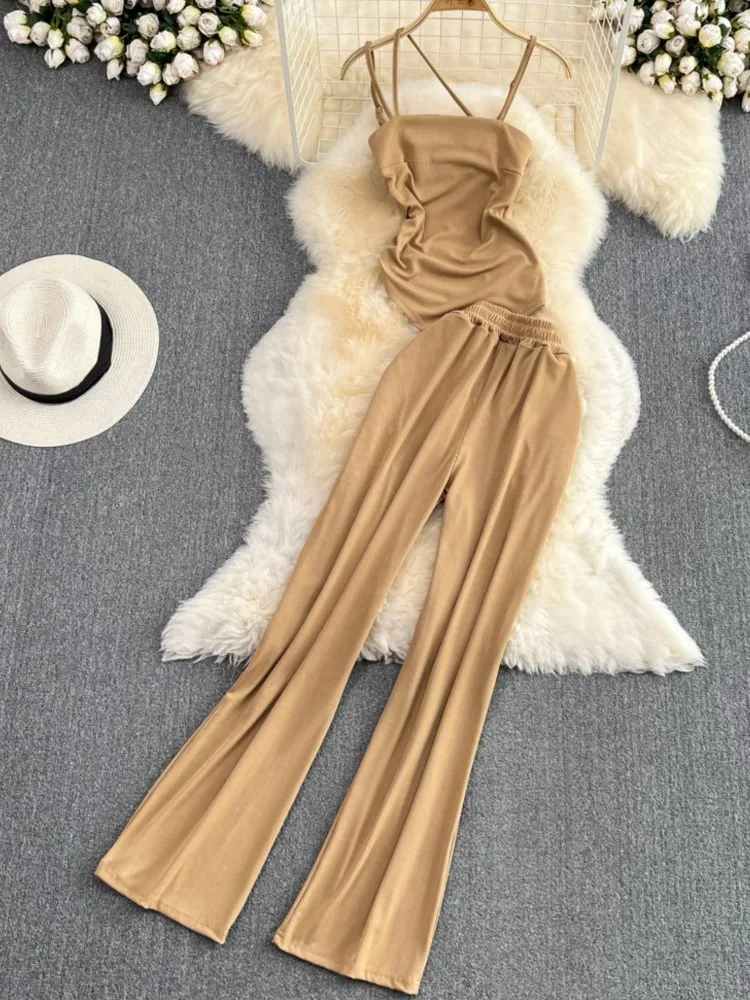 Women Summer Vintage Sexy Pantsuit Spaghetti Strap Elegant Casual Shirts Blouses Wide-Leg Trousers Suit Female Outfits 2 Pieces
Women Summer Vintage Sexy Pantsuit Spaghetti Strap Elegant Casual Shirts Blouses Wide-Leg Trousers Suit Female Outfits 2 Pieces