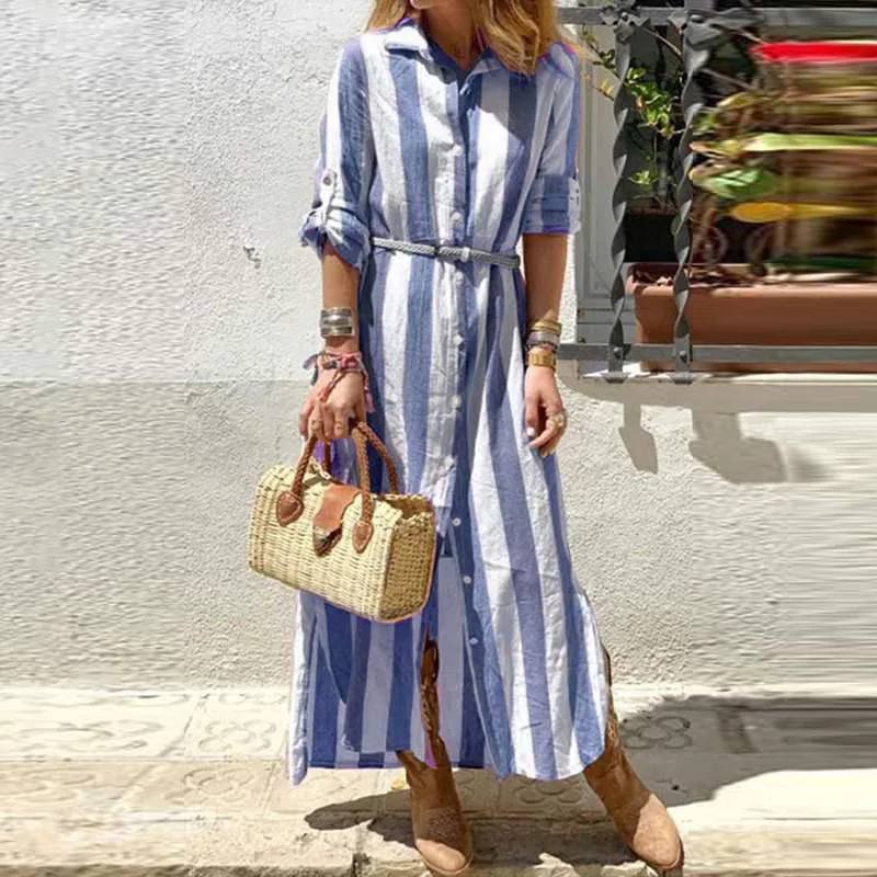 Elegant Lapel Single-breasted Shirt Dress Women Casual Adjust Long Sleeve Long Dress 2022 Fashion Stripe Print Beach Party Dress
Elegant Lapel Single-breasted Shirt Dress Women Casual Adjust Long Sleeve Long Dress 2022 Fashion Stripe Print Beach Party Dress