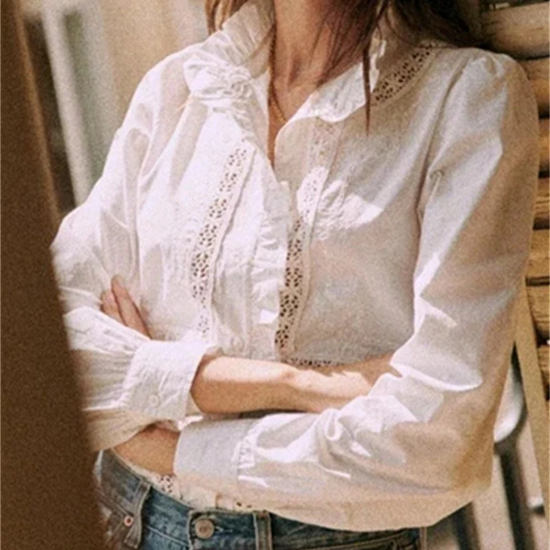 Lace Hollow Shirt Women Stand Collar White Ruffles Single Breasted Long Sleeve Ladies Top 
Lace Hollow Shirt Women Stand Collar White Ruffles Single Breasted Long Sleeve Ladies Top