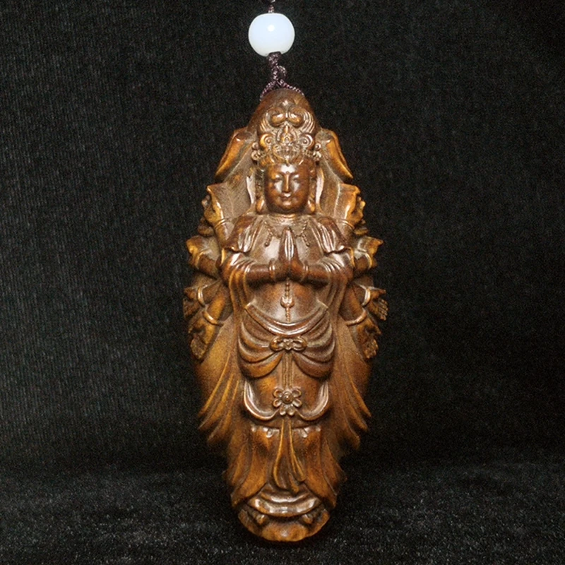 

YIZHU CULTUER ART Height 7.8 CM Old Chinese boxwood Hand Carved KWAN-YIN Avalokitesvara Figure Statue Netsuke Gift Collection