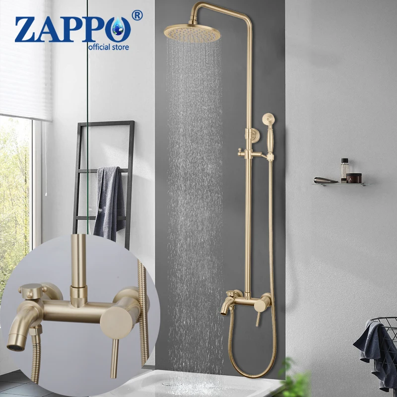 

ZAPPO 8 Inch Bathroom Shower Faucet Brushed Golden Round Rainfall Wall Mounted Bathtub Shower Head Handheld Faucet Shower Set