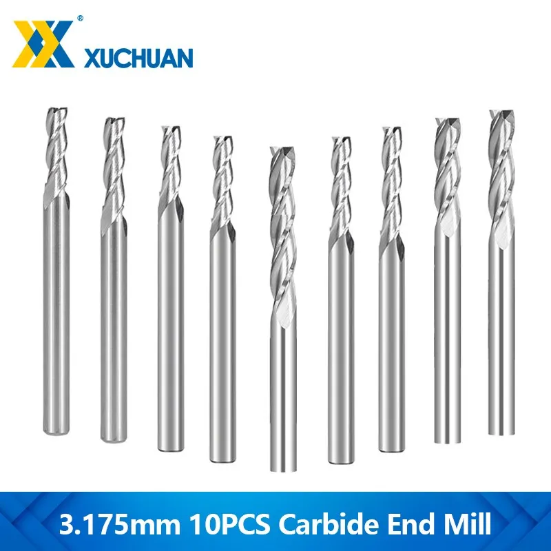 10PCS Carbide End Mill 3 Flute Flat Milling Cutter CNC Router Bit for Woodworking Tool 3.175mm Shank
10PCS Carbide End Mill 3 Flute Flat Milling Cutter CNC Router Bit for Woodworking Tool 3.175mm Shank