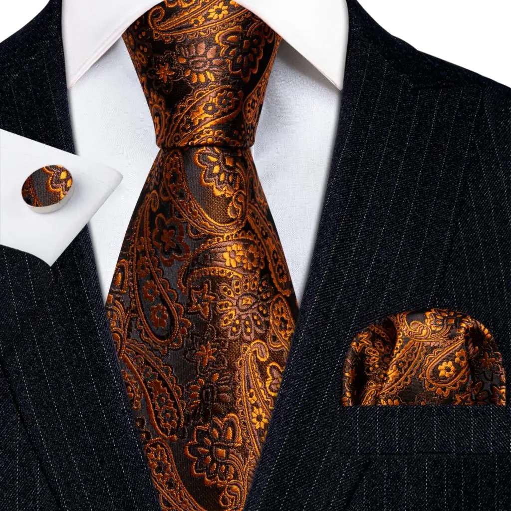 Luxury Mens Ties Set Gold Paisley Silk Necktie Pocket Square Cufflinks Set Wedding Gift Barry·Wang Clip Brooches 6179
Luxury Mens Ties Set Gold Paisley Silk Necktie Pocket Square Cufflinks Set Wedding Gift Barry·Wang Clip Brooches 6179