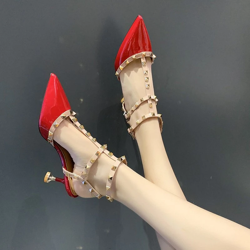 

Туфли-лодочки на высоком каблуке с заклепками женские туфли на тонком каблуке с острым носком Новинка 2023 пикантная женская обувь сандалии