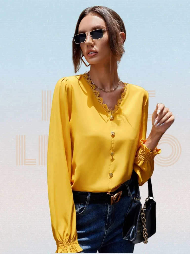 Yellow V-neck Blouses Spring 2022 Fashion Women Butterfly Sleeve Lightweight Casual Blouses Solid Ladies Shirt Button Tops 
Yellow V-neck Blouses Spring 2022 Fashion Women Butterfly Sleeve Lightweight Casual Blouses Solid Ladies Shirt Button Tops