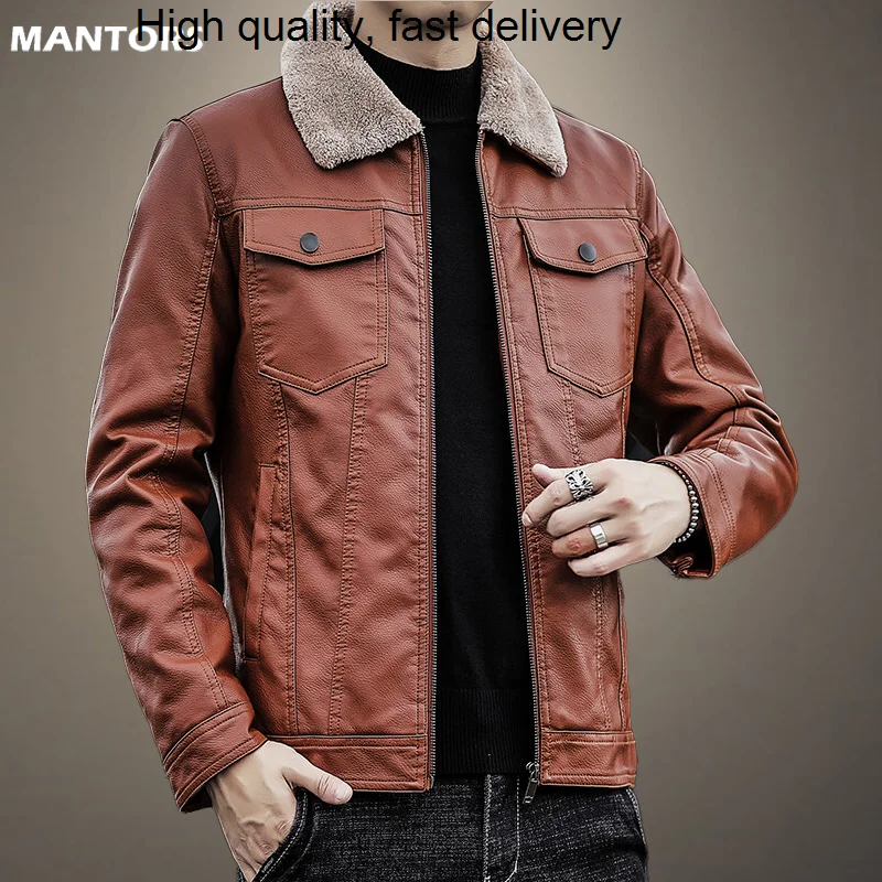 Мужская мотоциклетная кожаная куртка, черная теплая приталенная ветрозащитная куртка с отложным воротником, на флисе, Осень-зима 2023