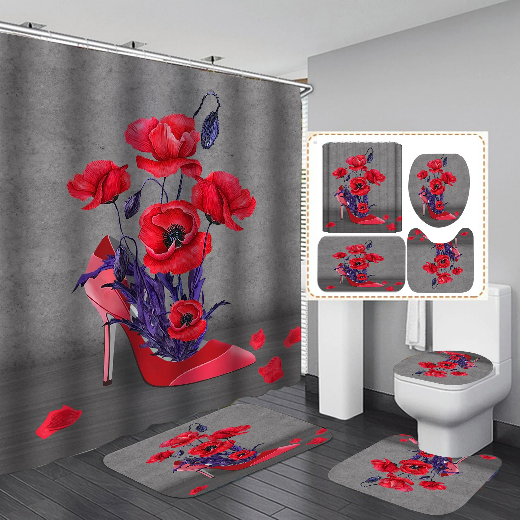 Red Rose Shower Curtain Waterproof High Heel Flowers Sexy Women Bath Mat Toilet Lid Cover Flannel Bathroom Carpet 4 Piece Set
Red Rose Shower Curtain Waterproof High Heel Flowers Sexy Women Bath Mat Toilet Lid Cover Flannel Bathroom Carpet 4 Piece Set