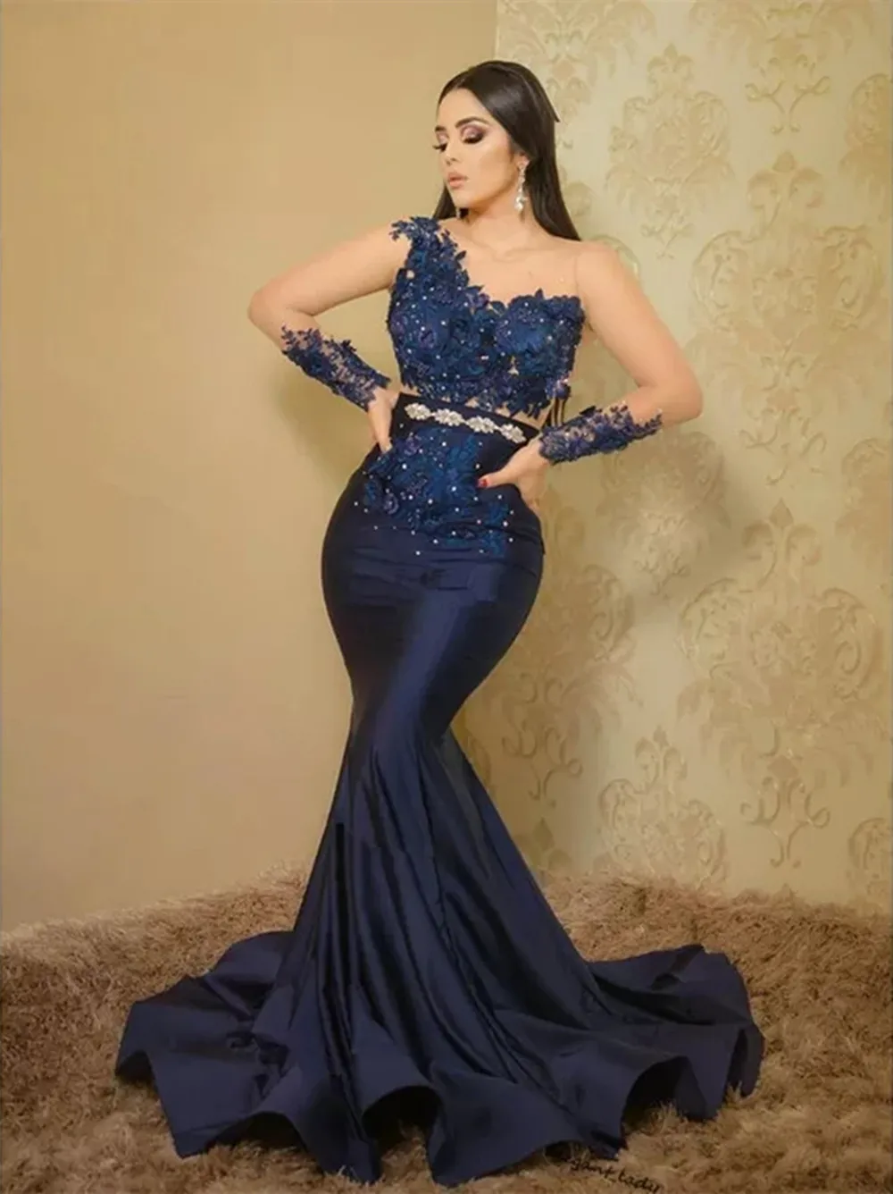 

Arabic Navy Blue Mermaid Prom Dresses Lace Beaded Aso Ebi 2022 Formal Evening Party Gowns Sheer Neck Court Train robes de soirée