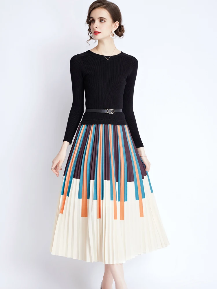 Autumn Winter Striped Patchwork Knitting Sweater Dress Women Elegant Long Sleeve Casual Pleated Vestidos Midi Robe Fashion
Autumn Winter Striped Patchwork Knitting Sweater Dress Women Elegant Long Sleeve Casual Pleated Vestidos Midi Robe Fashion