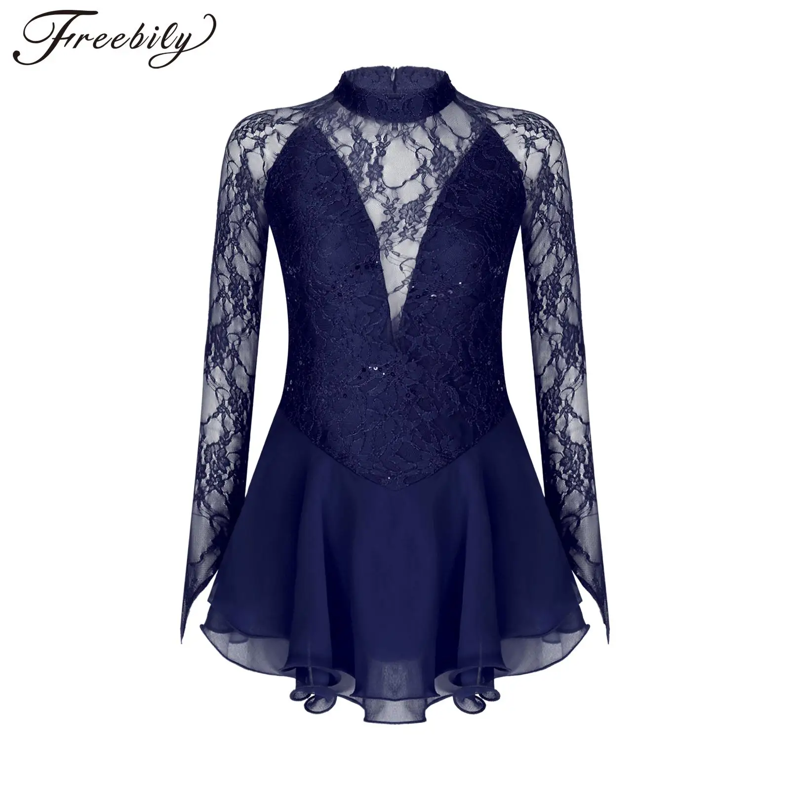 Women Shiny Sequin Figure Ice Skating Dress Sheer Lace Long Sleeve Ballet Gymnastics Leotard Dress Chiffon Patchwork Dancewear
Women Shiny Sequin Figure Ice Skating Dress Sheer Lace Long Sleeve Ballet Gymnastics Leotard Dress Chiffon Patchwork Dancewear
