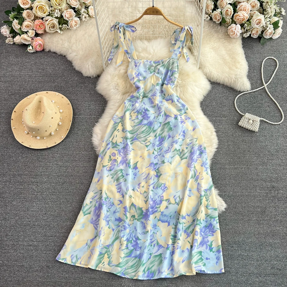 

Винтажное платье-комбинация с цветочным принтом, платье-трапеция без рукавов, шикарное летнее корейское пляжное платье, женский сарафан для отпуска