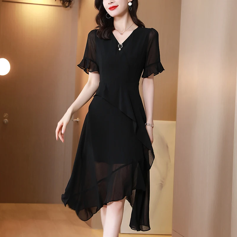 2022 Summer Women's Black Dresses Elegant Fashion V-neck Short Sleeve Woman Long Dress A-line 100% Real Silk Asymmetrical Dress
2022 Summer Women's Black Dresses Elegant Fashion V-neck Short Sleeve Woman Long Dress A-line 100% Real Silk Asymmetrical Dress