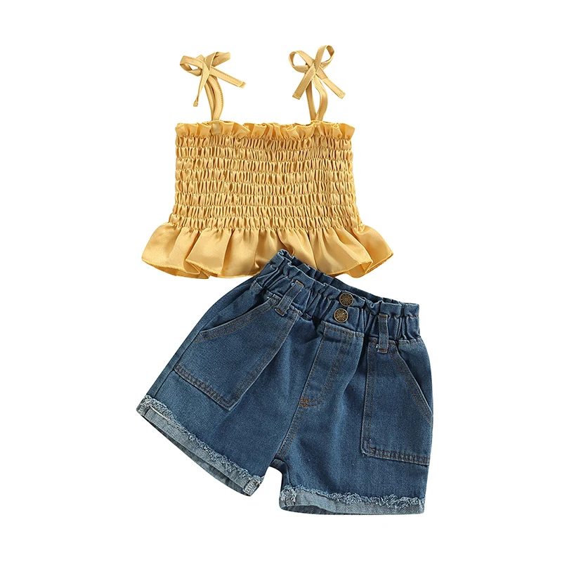 Summer Kids Girls Two-Piece Outfits Solid Color Sleeveless Tie-Up Ruched Skinny Tops + Loose Fit Denim Short Pants
Summer Kids Girls Two-Piece Outfits Solid Color Sleeveless Tie-Up Ruched Skinny Tops + Loose Fit Denim Short Pants
