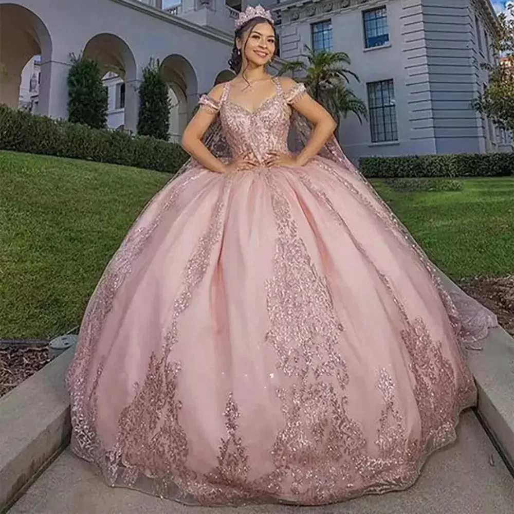 Pink Crystal Appliques Open Back Ball Gown Quinceanera Dresses Detachable Cape Sweetheart Sleeveless Vestido De 15 16 Anos
Pink Crystal Appliques Open Back Ball Gown Quinceanera Dresses Detachable Cape Sweetheart Sleeveless Vestido De 15 16 Anos