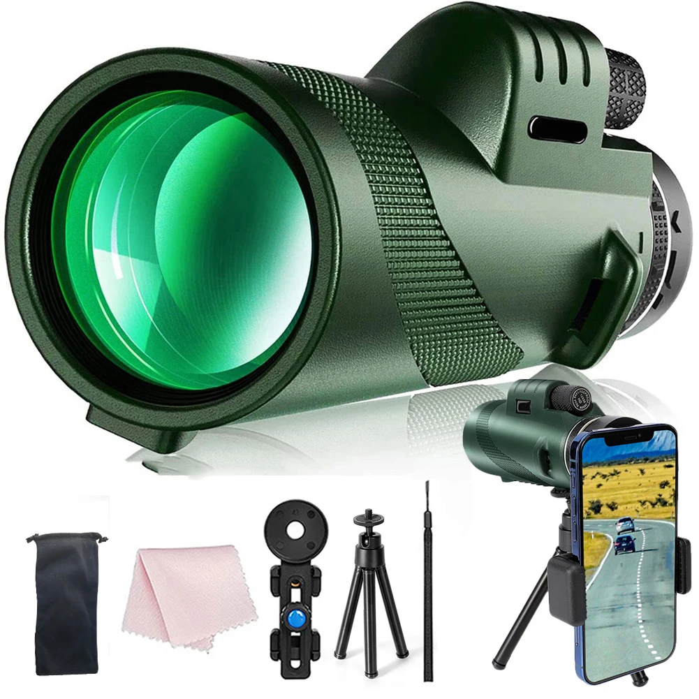 80X100 Monocular Professional Telescope with Tripod Phone Clip Low Light HD Telescope for Outdoor Bird Watching Camping Tourism
80X100 Monocular Professional Telescope with Tripod Phone Clip Low Light HD Telescope for Outdoor Bird Watching Camping Tourism