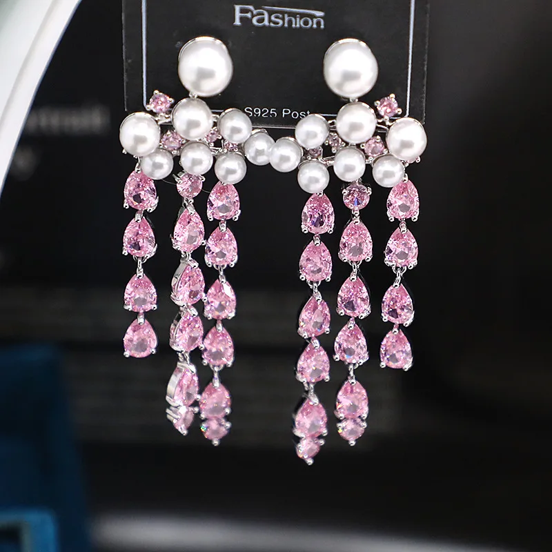 

Shining Cubic Zirconia Fashion Temperament Wedding Jewelry Luxury Statement Long Tassels Eardrop Dangle Earings