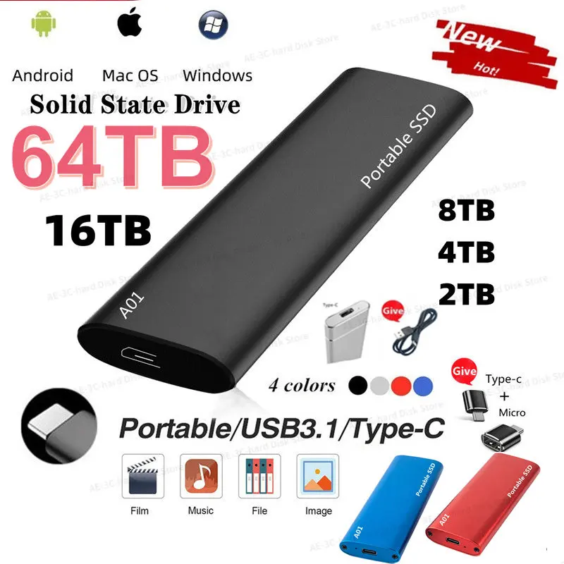 Portable SSD High-speed Mobile Solid State Drive64TB 16TB SSD 4TB 2TB Mobile Hard Drives External Storage Decives for Laptop
Portable SSD High-speed Mobile Solid State Drive64TB 16TB SSD 4TB 2TB Mobile Hard Drives External Storage Decives for Laptop