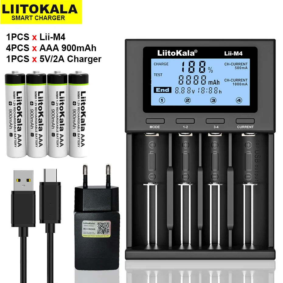 

Перезаряжаемые аккумуляторы LiitoKala AAA NiMH 900 мАч * 4 шт. 1,2 в, подходят для игрушек, мышей, электронных весов и т. д., зарядное устройство Lii-M4 5 в 2 А