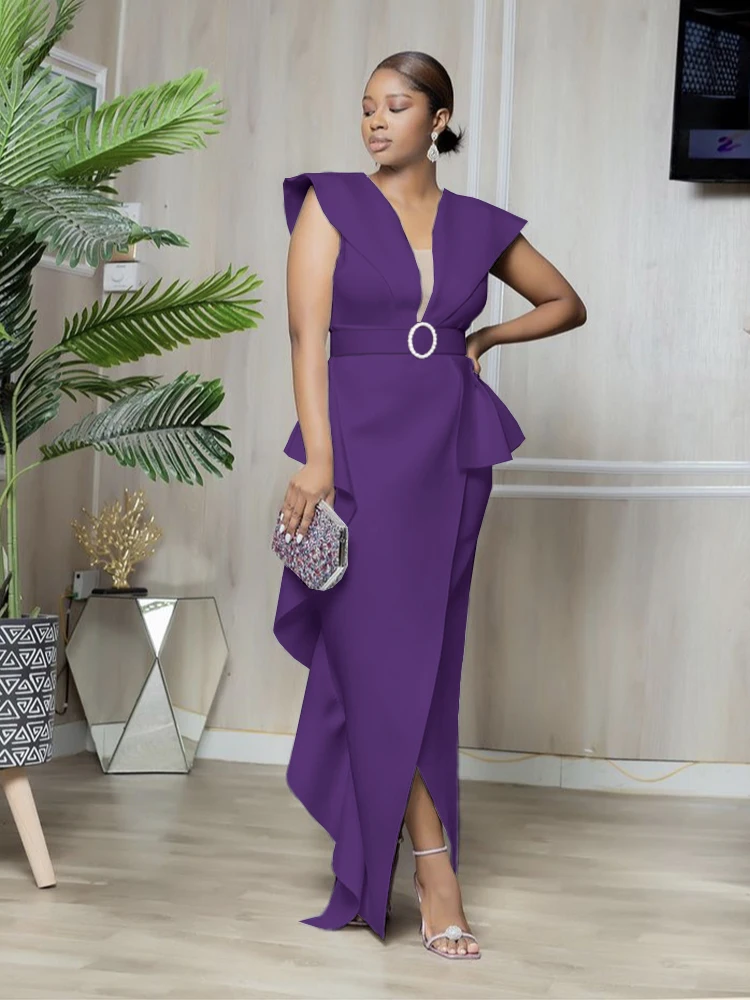 White Dresses Sexy V Neck Green Purple Sleeveless Ruffles Slit Cocktail Evening Birthday Party Outfits African Gowns Large Size 
White Dresses Sexy V Neck Green Purple Sleeveless Ruffles Slit Cocktail Evening Birthday Party Outfits African Gowns Large Size