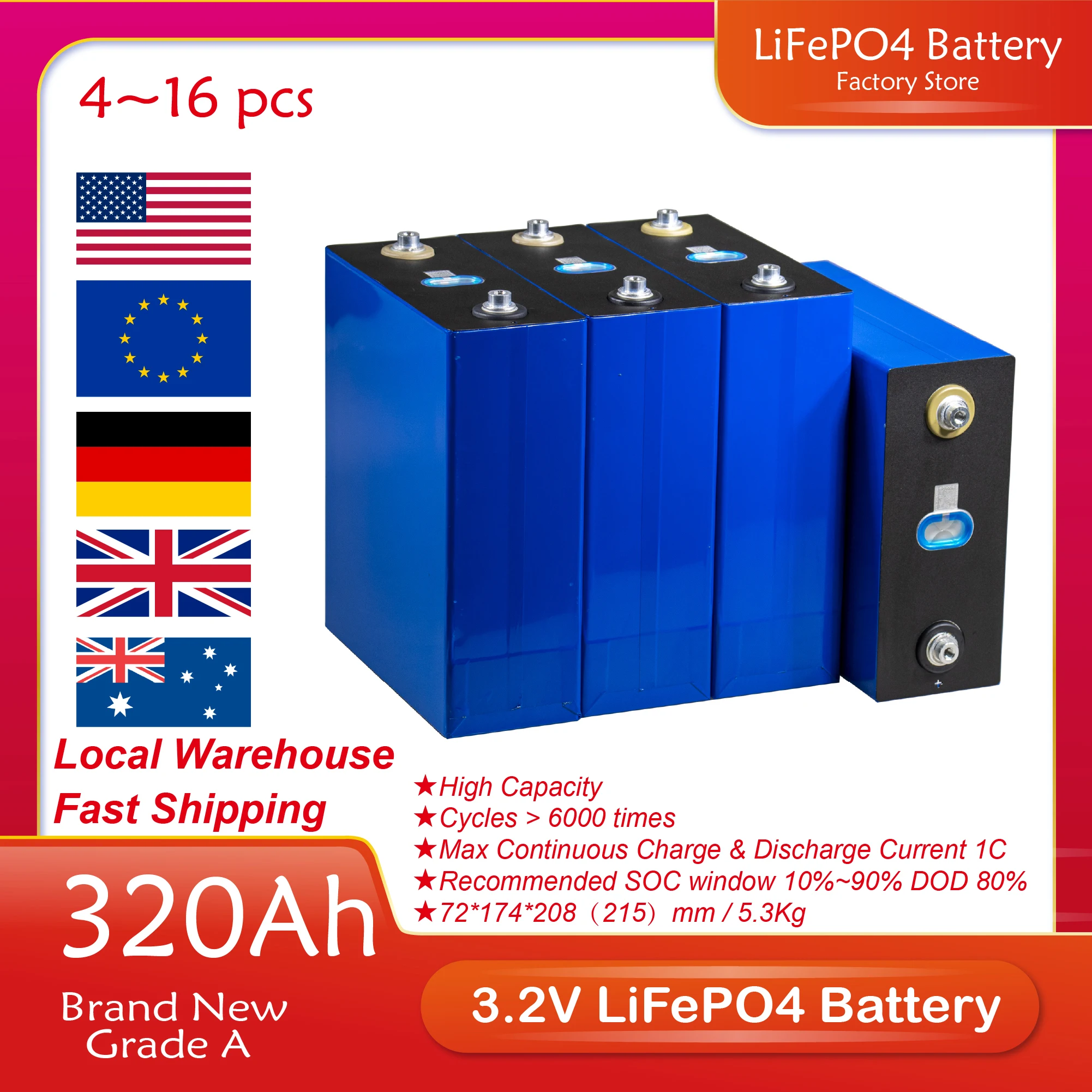 

Аккумуляторная батарея класса А 310Ah 280Ah 320AH 200Ah Lifepo4, для электромобиля, с питанием от солнечной энергии, для ЕС и США, без налога, 12 В