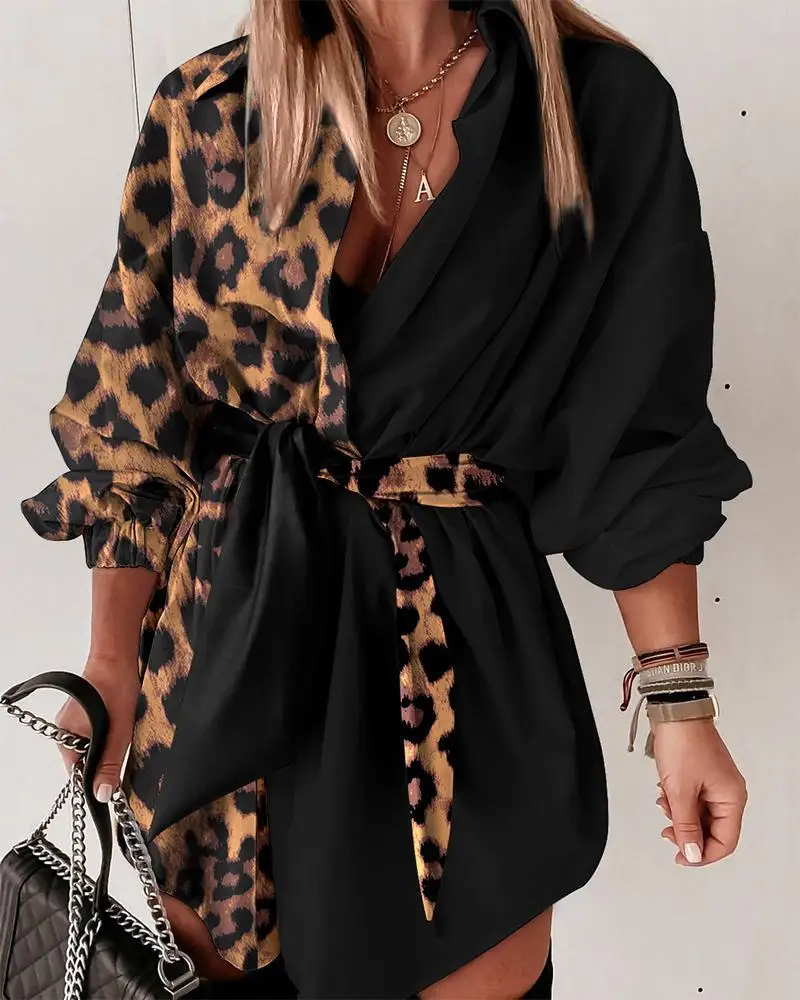 Leopard Print Lantern Sleeve Belted Shirt Dress Women Spring Summer Fashion Casual Mini Dress V Neck
Leopard Print Lantern Sleeve Belted Shirt Dress Women Spring Summer Fashion Casual Mini Dress V Neck