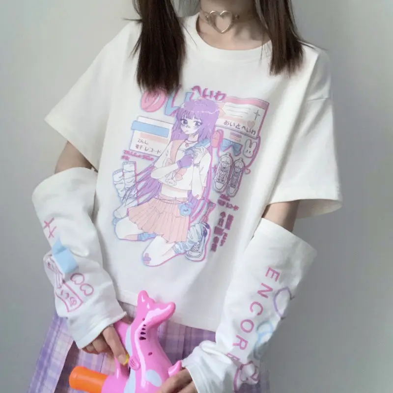 Fernan аниме футболка с длинным рукавом Лето Топы 2000s Kawaii коротким и принтом в виде