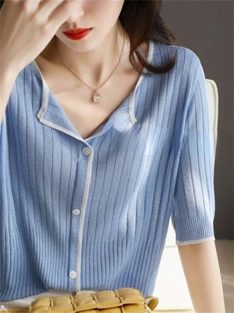 Blue Striped Knit Shirt 2022 Spring Summer Open Stitch Blouse Korean Style Fashion Shirt for Female Short Sleeve Casual Clothing
Blue Striped Knit Shirt 2022 Spring Summer Open Stitch Blouse Korean Style Fashion Shirt for Female Short Sleeve Casual Clothing