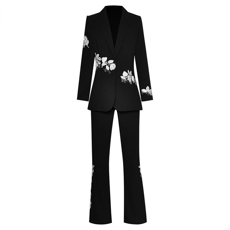 2023 Runway Luxury Designer Elegant Spring Pants Suit Women Flower Embroidery Black Long Sleeve Jacket + Pants Two Pieces Set
2023 Runway Luxury Designer Elegant Spring Pants Suit Women Flower Embroidery Black Long Sleeve Jacket + Pants Two Pieces Set