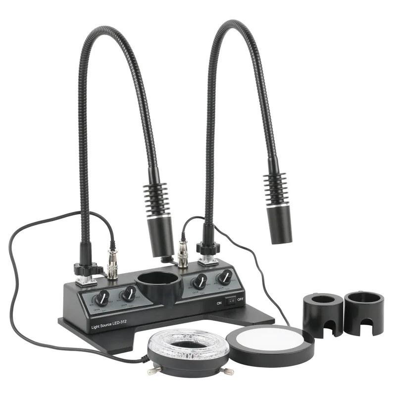 4 IN 1 Industrial Microscope Illuminator Lighting Set Double Gooseneck Spot Light LED Ring Light with Bottom Light Source 
4 IN 1 Industrial Microscope Illuminator Lighting Set Double Gooseneck Spot Light LED Ring Light with Bottom Light Source