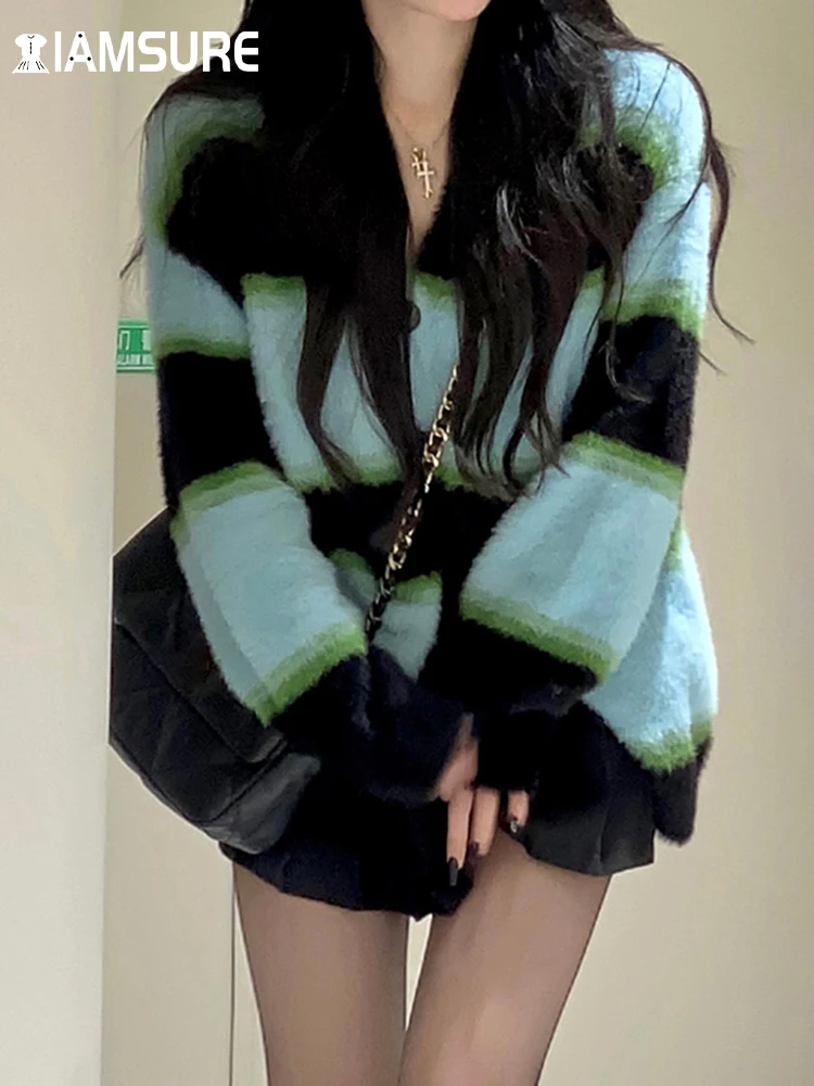IAMSURE Casual Streetwear Striped Knitted Cardigans Korean Style Loose V-Neck Long Sleeve Sweaters Women 2022 Autumn Winter
IAMSURE Casual Streetwear Striped Knitted Cardigans Korean Style Loose V-Neck Long Sleeve Sweaters Women 2022 Autumn Winter