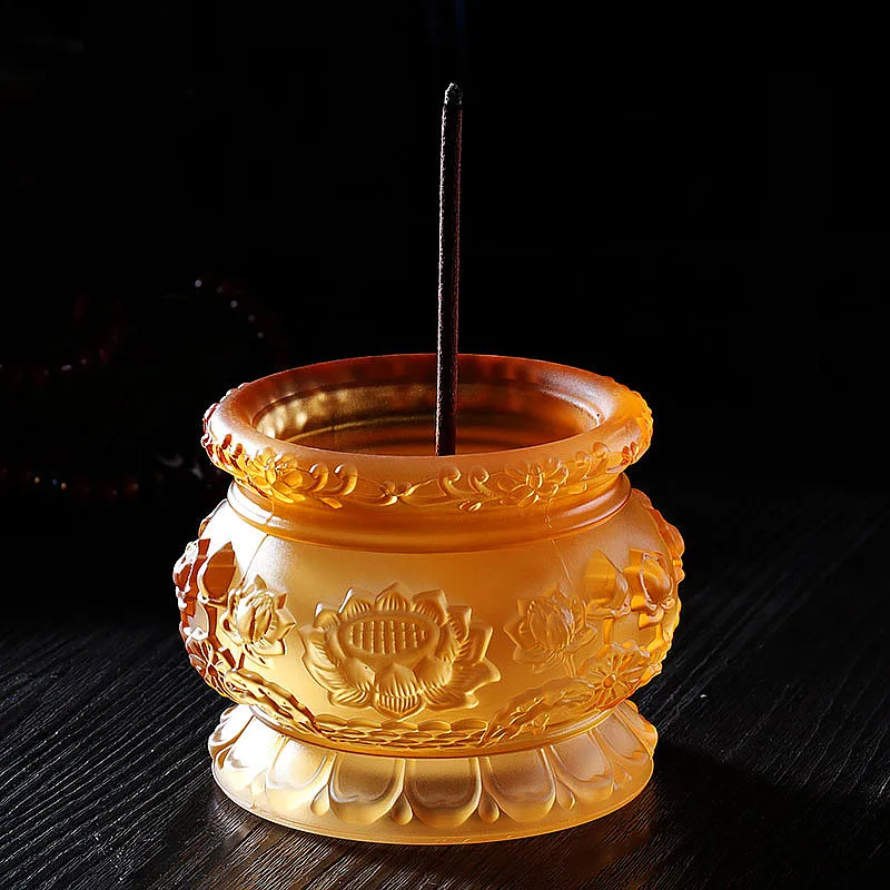 

8cm Tibetan Buddhist Yellow Auspicious Resin Lotus Pattern Exquisite Carving Putting Decorate Incense Burner