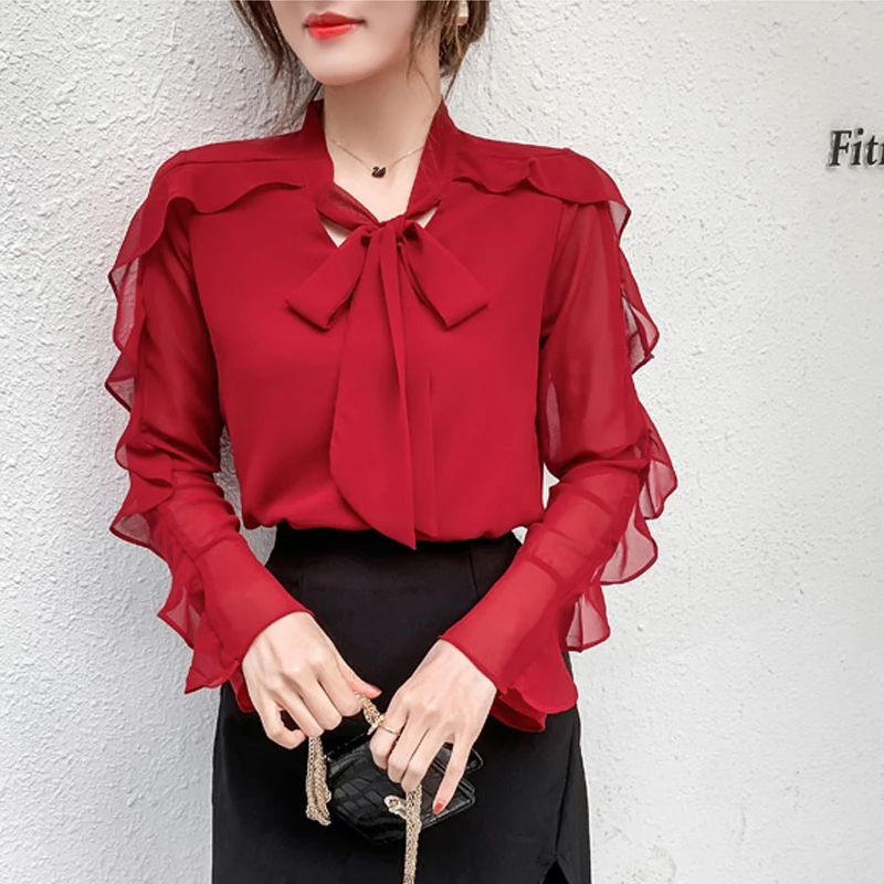 Fashion AutumnLong Sleeve Ruffle Chiffon Blouse Bowknot Solid Color Women Blouses Blusas Mujer De Moda
Fashion AutumnLong Sleeve Ruffle Chiffon Blouse Bowknot Solid Color Women Blouses Blusas Mujer De Moda