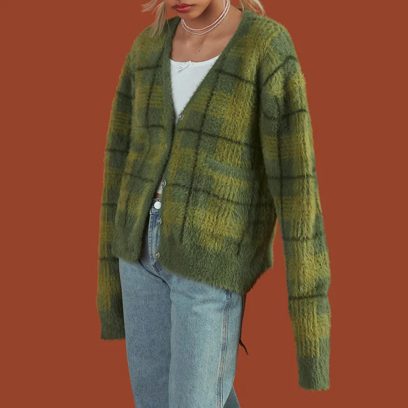 2021 Green Plaid Cardigan Fuzzy Knit Front Button Cropped Ty Cardigan Harajuku Women E-girl Aesthetic Y2k Streetwear /
2021 Green Plaid Cardigan Fuzzy Knit Front Button Cropped Ty Cardigan Harajuku Women E-girl Aesthetic Y2k Streetwear /