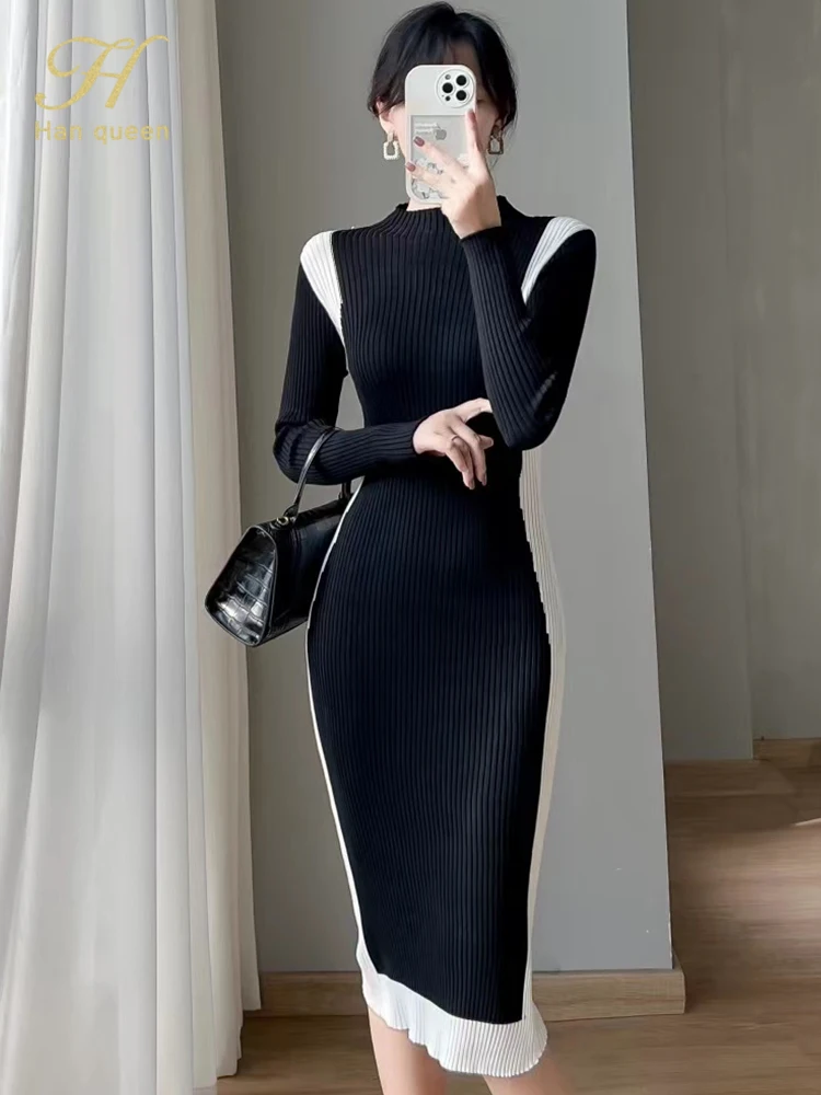H Han Queen 2023 New Color Matching Bodycon Pencil Dress Business Party Chic Long Sleeve Women Casual Simple Knitting Dresses 
H Han Queen 2023 New Color Matching Bodycon Pencil Dress Business Party Chic Long Sleeve Women Casual Simple Knitting Dresses