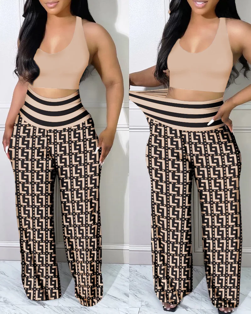 Crop Tank Top & Geometric Print High Waist Pants Set Spring Summer Women Fashion Casual Clothes Stui Camis Tanks Tops Pants 
Crop Tank Top & Geometric Print High Waist Pants Set Spring Summer Women Fashion Casual Clothes Stui Camis Tanks Tops Pants