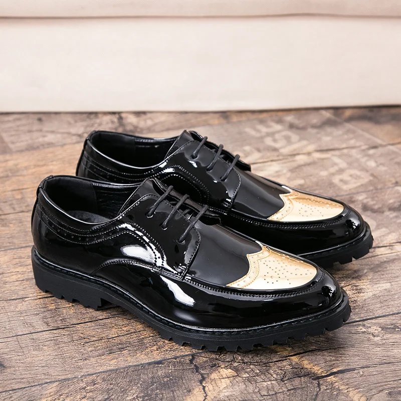 

men's fashion party prom dresses black patent leather shoes lace-up derby shoe carving brogue smooth footwear brock sneakers man
